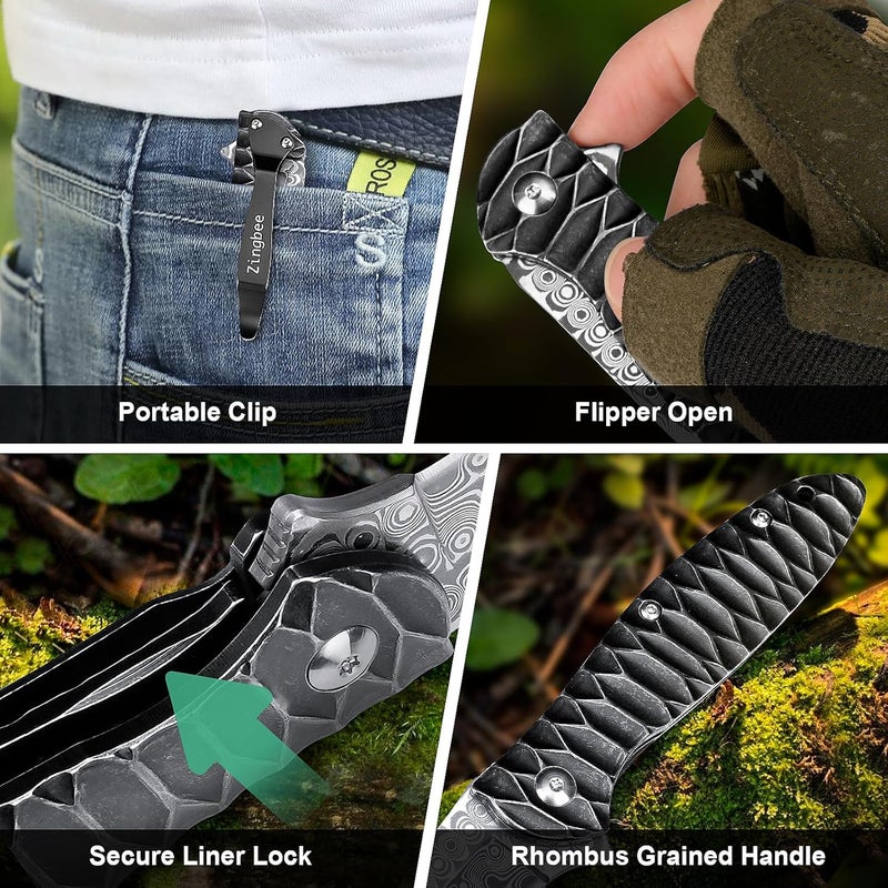 Zingbee Damascus Pocket Knife, 2.87" Damascus Blade Folding Knives with Stainless Steel Handle, EDC Knife for Camping Hiking Hunting Gift - Image 5